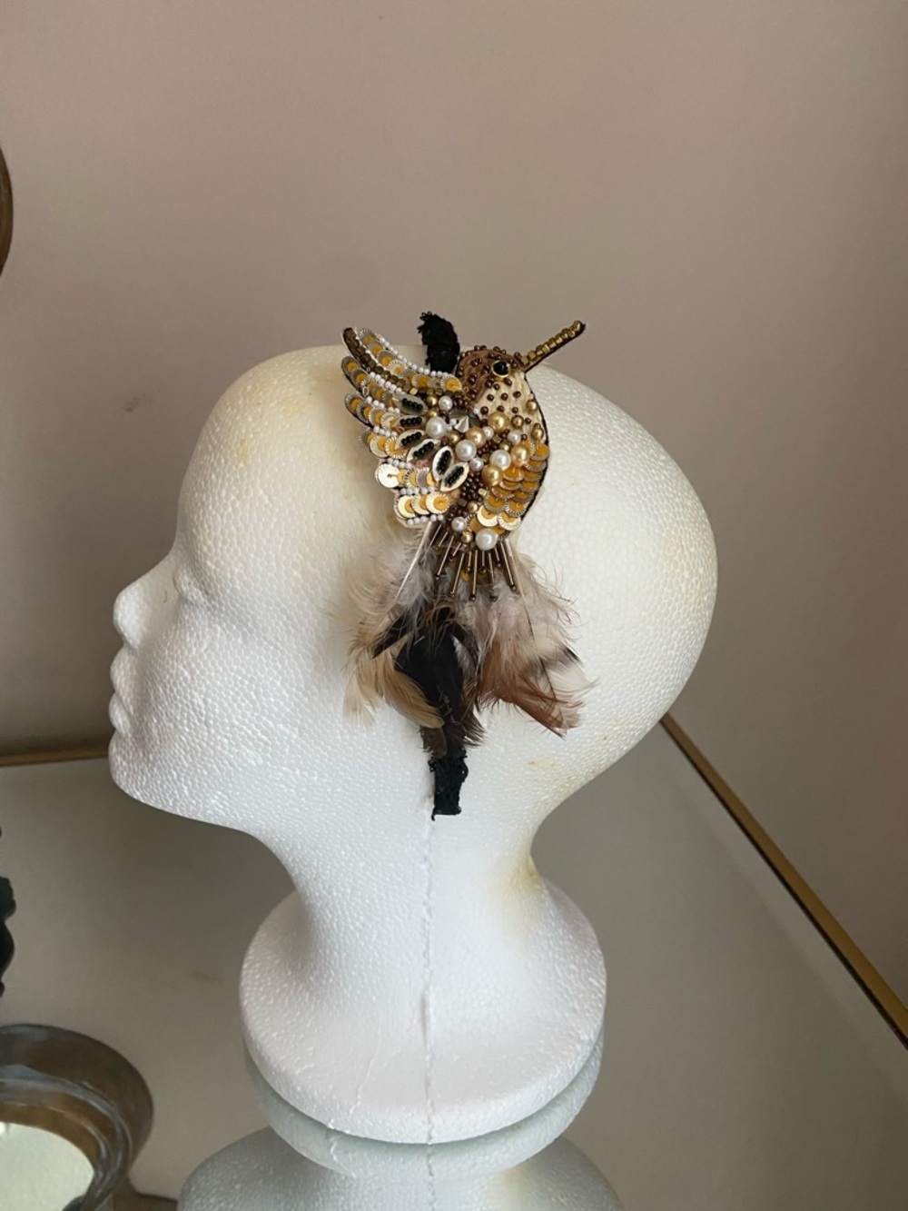 NWOT Handmade Beaded Gold & Brown Hummingbird Feather Headband